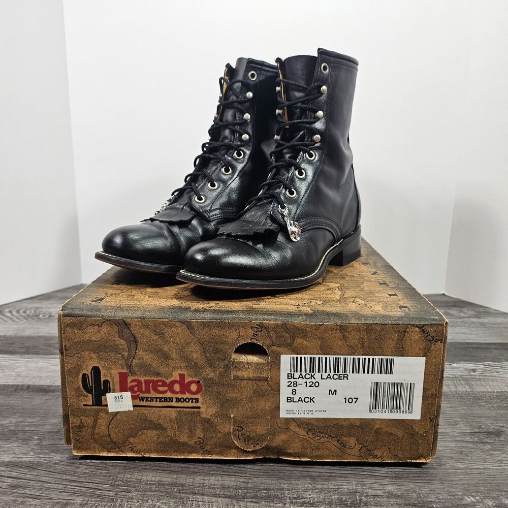 Laredo 28-120 Black Lacer Western Boots Women’s 8M Kiltie Fringe USA  W/ Charms